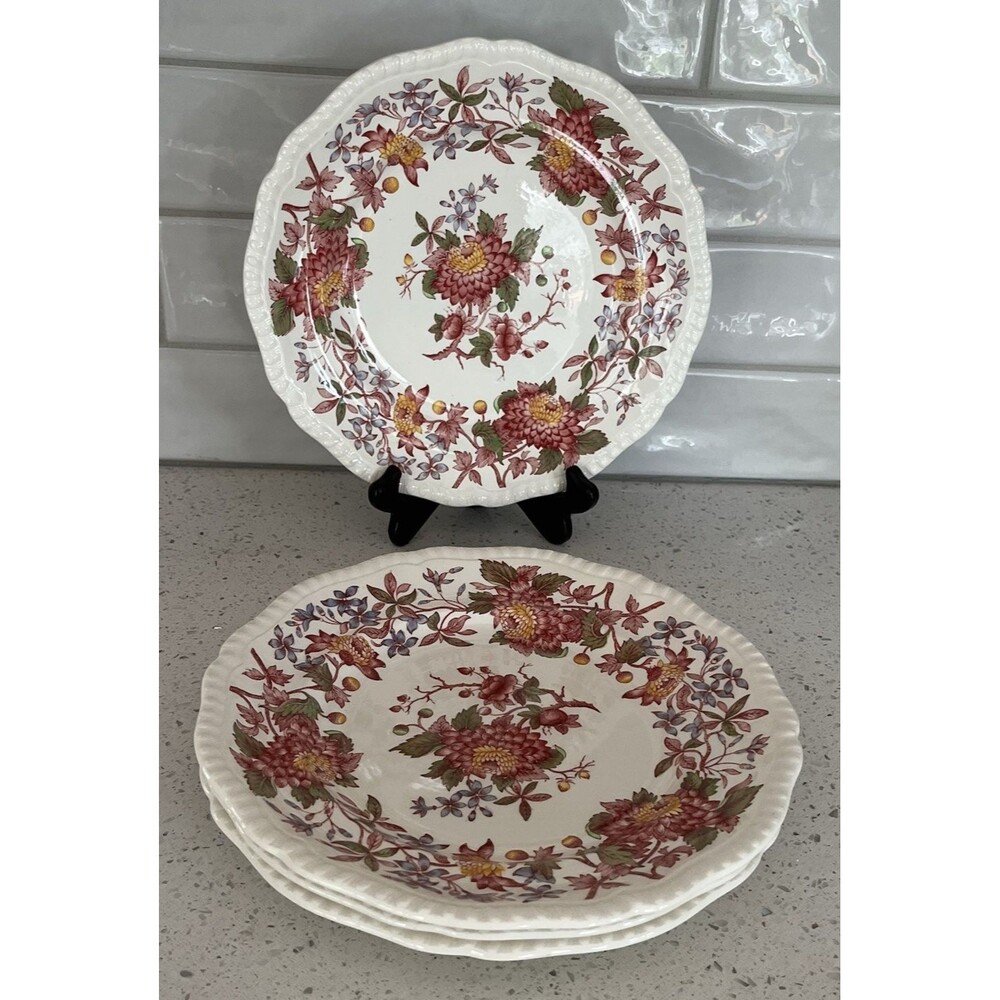 Vtg. Spode Red Aster Gadroon Luncheon Plates 9 3/8” Flowers Set Of 4 England